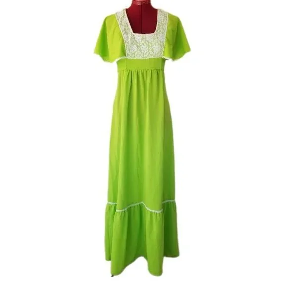 Vintage 60s 70s Lime Green Lace Crochet Butterfly Sleeve Maxi Dress 6 | Color: Green/White | Size: 6 | Fern_Finds's Closet